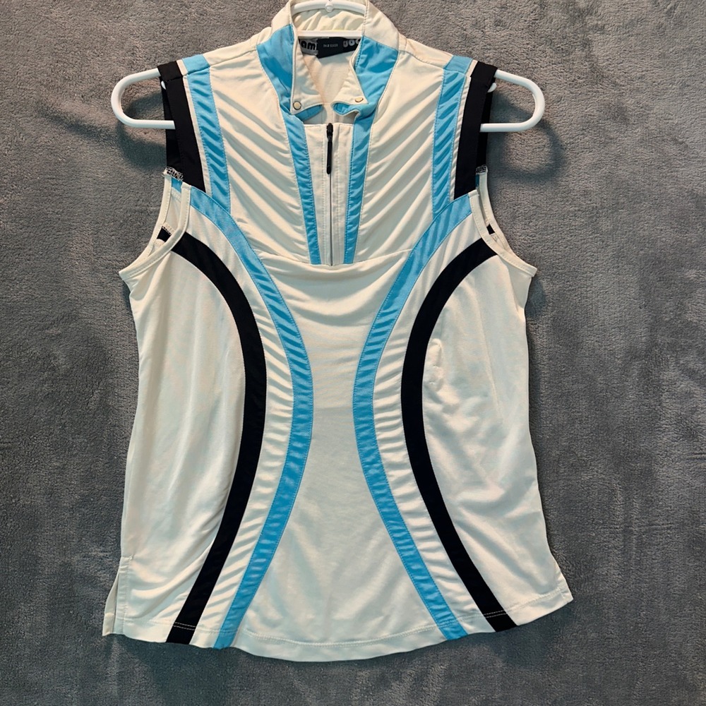 Jamie Sadock Golf Top Women Sz Small White Blue Colorblock Sleeveless Mock Neck